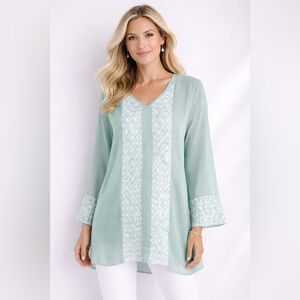 Sundance Top Silk Tunic M Green Blue Sheer Crochet Cottage Boho Party Shirt EUC